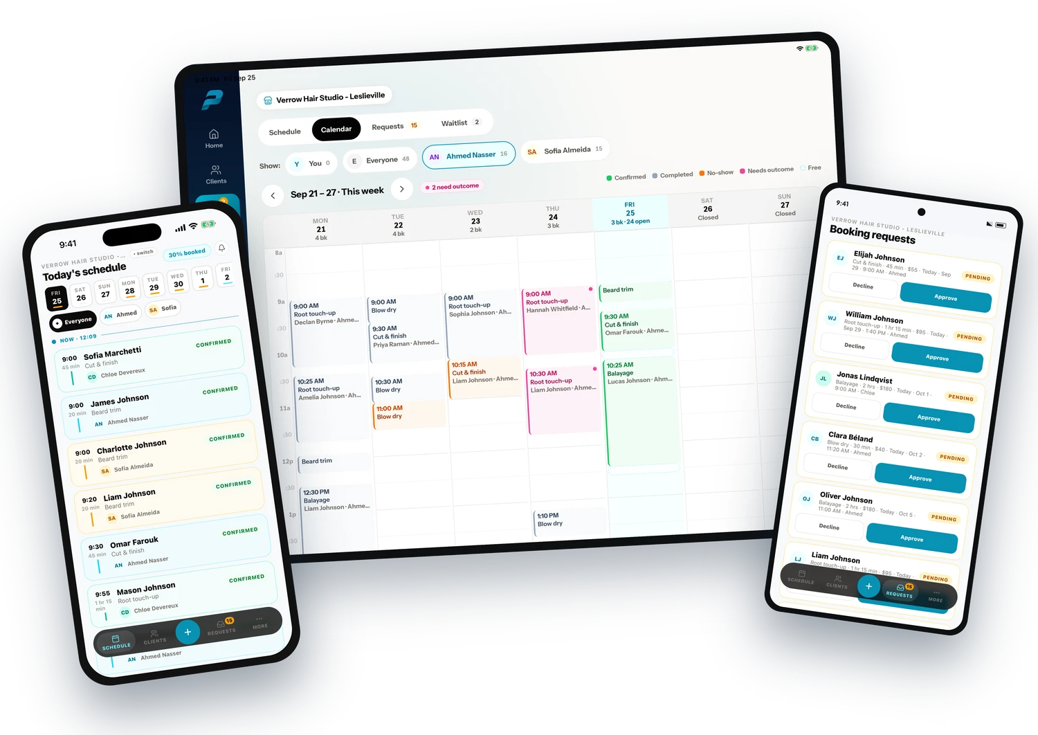 PointVibe on a tablet and two phones — a week of appointments, today's schedule, and the booking-requests queue