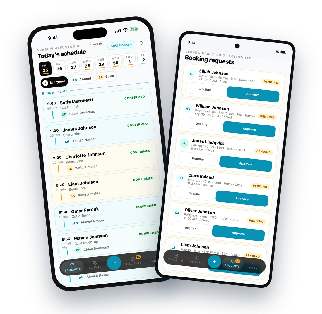 The PointVibe Appointments app on two phones, showing today's schedule and the booking-requests queue