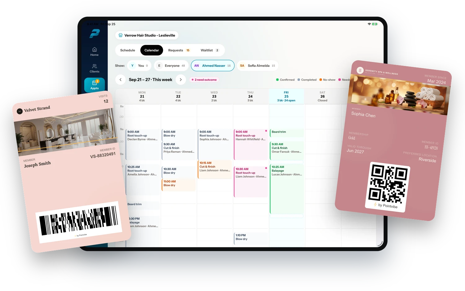The PointVibe Merchant app on a tablet showing a week of appointments, with two wallet passes alongside