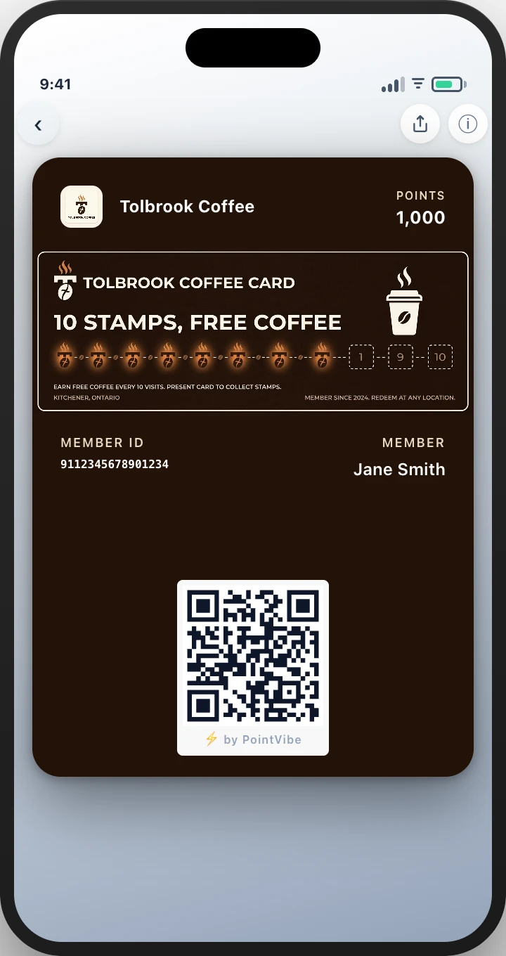 A Tolbrook Coffee pass in a customer's wallet